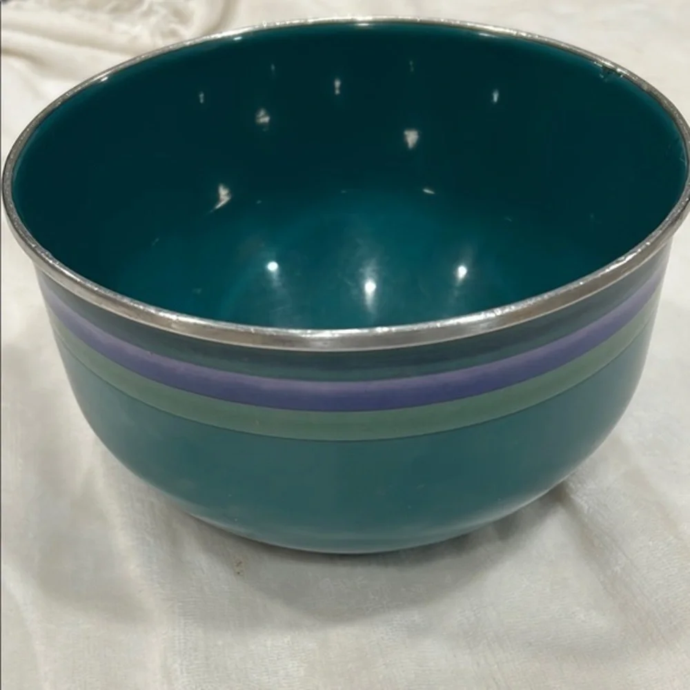 Vintage Teal Enamel Bowl with Silver Rim and Stripes